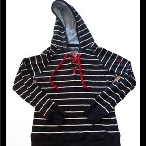 Blue and Red Striped Hoodie with Nautical Design